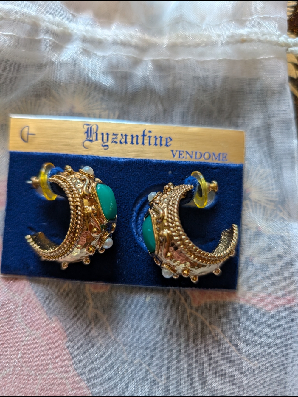 Byzantine Vendome Gold Hoop Earrings with Turquoise Accents NOS